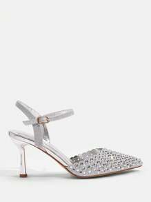 CUCCOO TILAWA Women's Pointed Toe Rhinestone Decor Ankle Strap Stilettos High Heels, Sexy Closed Toe Dress Party Wedding Formal Pumps Spring Shoes Spring Break Easter Prom Heels - Silver - View 3