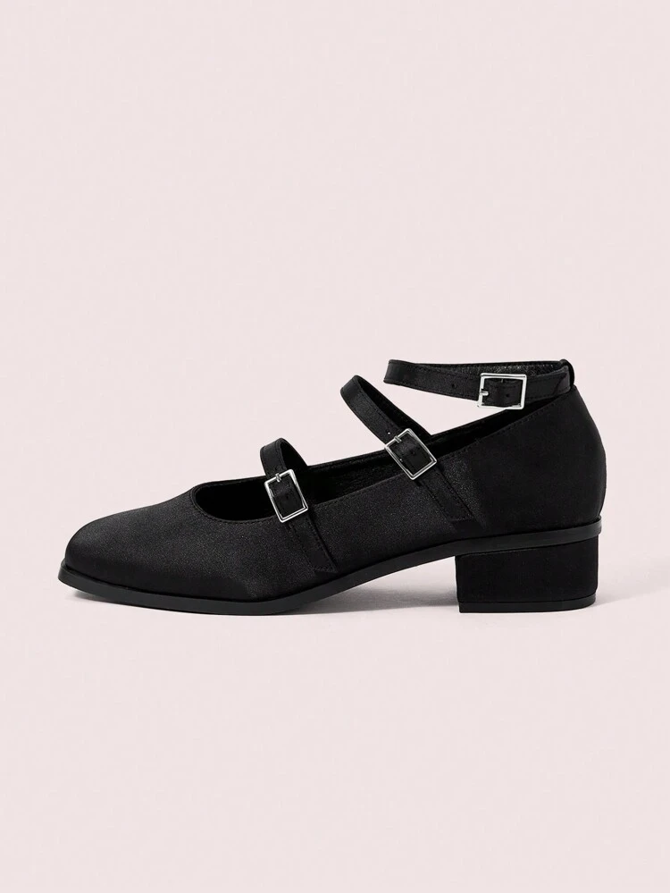 CUCCOO DOLLMOD Women's Square Toe Chunky Heel Hollow Strap Mary Jane High Heel Pumps, Black