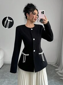 Elenzga Áo khoác nữ trang trí nơ màu tương phản đen trắng thanh lịch - màu đen - Xem 1