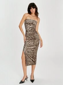 SHEIN EZwear Leopard Print Side Slit Velvet Bodycon Tube Dress