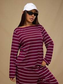 Forever 21 大码冬季长袖上衣，宽松不对称肩部条纹休闲宽松酒红色针织T恤，新年外出上衣，圣诞节酒红色上衣 - 酒紅色 - 查看 3