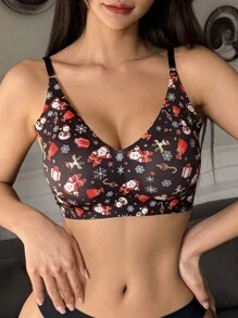 DAZY Cute Christmas Pattern Printed Wireless Seamless Comfortable Breathable Push-Up Bra - Black - View 9