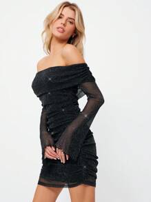 SHEIN EZwear Damska plisowana sukienka mini z siateczki z odkrytymi ramionami i brokatem, z długim rękawem