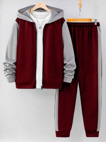 SHEIN Teen Boys Colorblock Hoodie And Sweatpants Set, Casual Zip-Up Sports Two Pieces Jogging Outfit, Autumn Sweatshirt Set