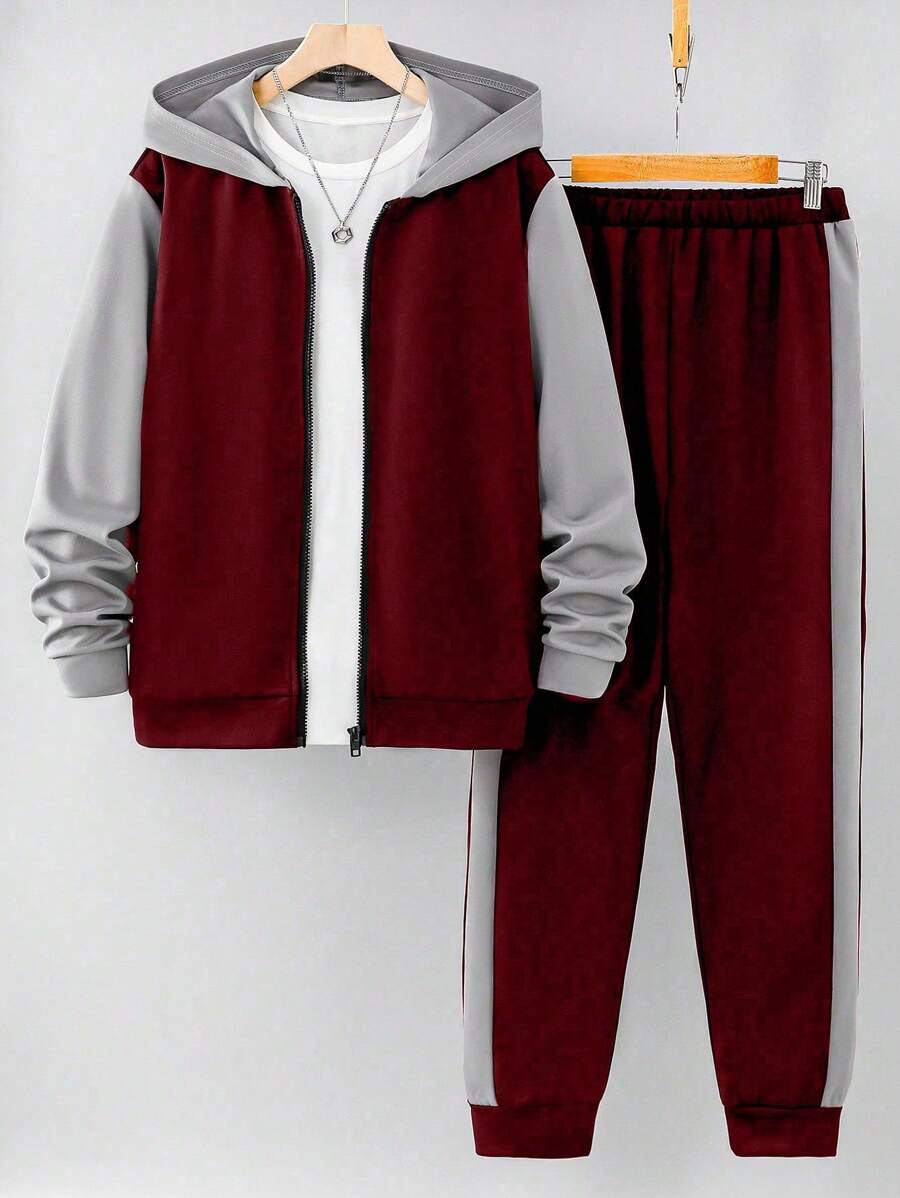 SHEIN 2pcs Casual Color Block Outfit For Teenage Boys Chic Outfits For Autumn/Winter - Red - View 1