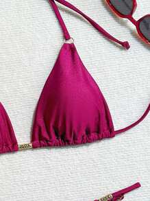 SHEIN Swim 2 件装 2025 女士纯色露背系带性感比基尼套装 适合海滩度假夏季 - 酒紅色 - 查看 3
