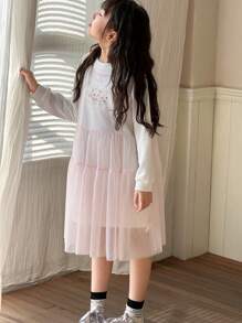 DAZY 2pcs/Set Tween Girl Round Neck Long Sleeve Printed Simple Dress & Sleeveless Mesh Dress,Back To School Clothes - White - View 1