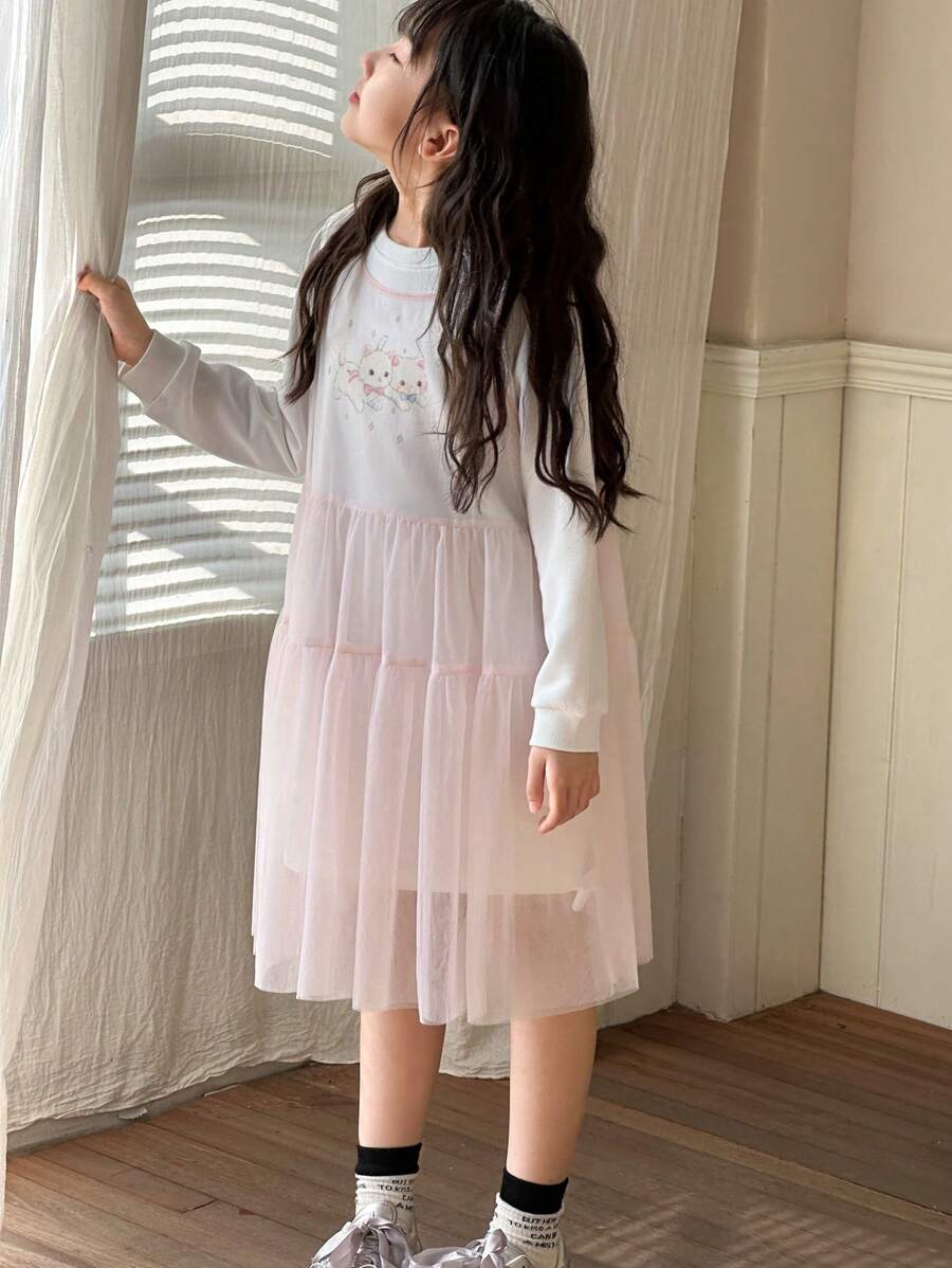 DAZY 2pcs/Set Tween Girl Round Neck Long Sleeve Printed Simple Dress & Sleeveless Mesh Dress,Back To School Clothes - White - View 1