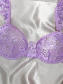 Damen sexy Cut Out florales Spitzen-Rüschen-Saum süß und niedlich lila Dessous-BH