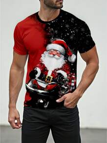 Manfinity Homme 时尚休闲圣诞圣诞老人水彩风格图案印花修身圆领 T 恤男款 - 紅色 - 查看 4