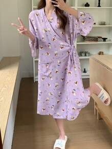 DAZY Cute Allover Rabbit Print Wrap-Front Tie-Waist Loose Bathrobe Pajama - Purple - View 5