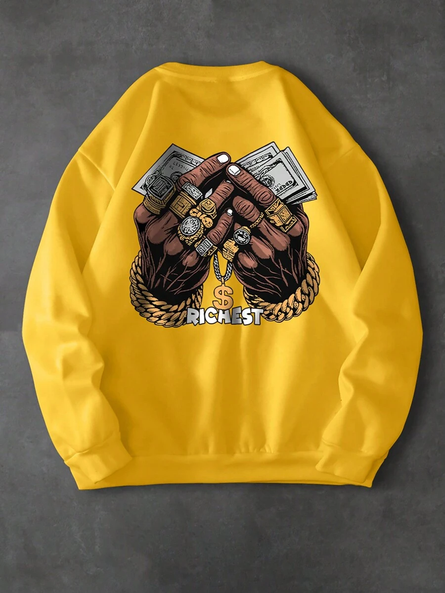 Manfinity LEGND Men Letter & Hand Print Round Neck Long Sleeve Casual Sweatshirt, Autumn/Winter