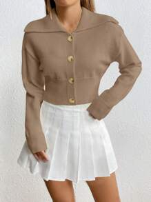 Flirla Solid Color Cardigan, Minimalist Fashion Casual Everyday Wear - Khaki - View 4