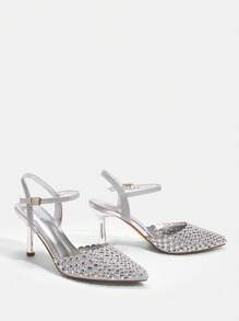 CUCCOO TILAWA Women's Pointed Toe Rhinestone Decor Ankle Strap Stilettos High Heels, Sexy Closed Toe Dress Party Wedding Formal Pumps Spring Shoes Spring Break Easter Prom Heels - Silver - View 4