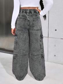 SHEIN Tween 女童 Y2K 时尚粉色石洗高腰翻盖口袋宽松直筒工装牛仔裤