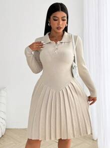 Calvaya 大码翻领单排扣 A 字长袖毛衣裙，休闲日常穿着，适合冬季 - 杏色 - 查看 5