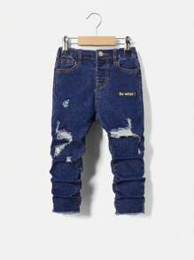 SHEIN Young Boy Casual Mid-Waist Asymmetrical Distressed Skinny Jeans - Dark Wash - View 1