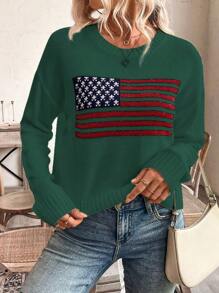 SHEIN LUNE 女式休闲落肩圆领美国国旗图案长袖针织毛衣，秋冬