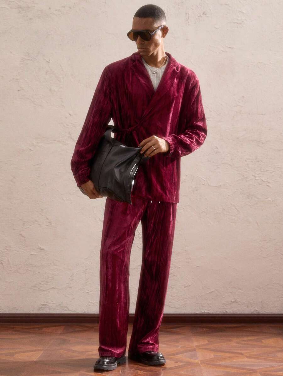 AKNOTIC Business Casual Men Shawl Collar Velvet Blazer & Pants - Burgundy - View 1