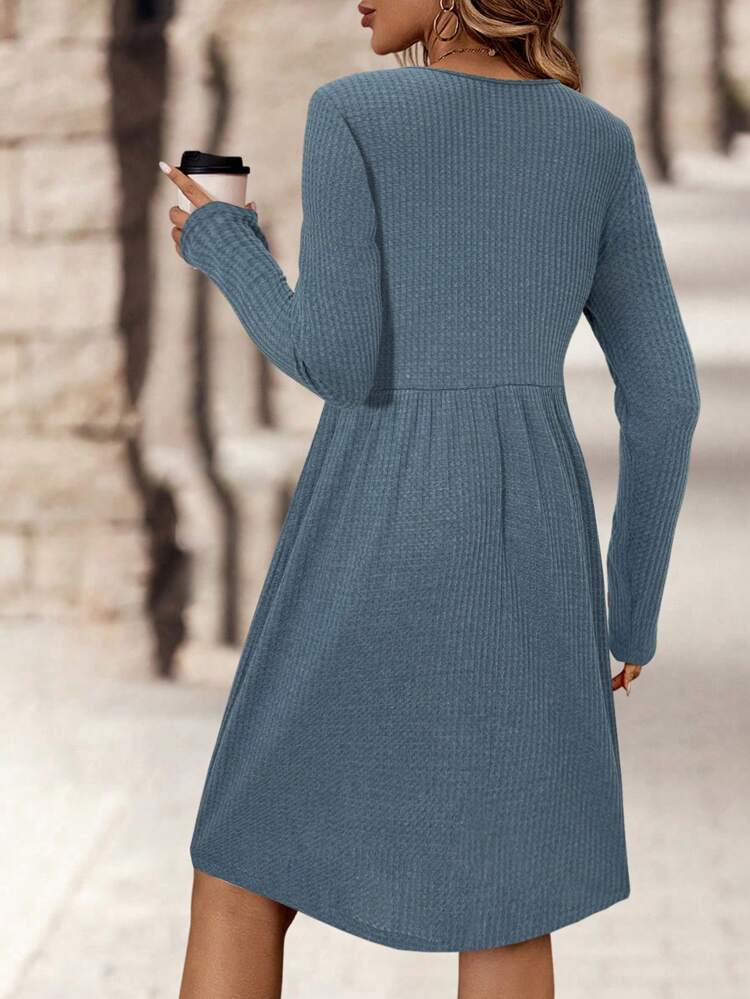 Vestido corto casual de manga larga y cuello redondo con pliegues de unicolor, vestido casual de otoño, vestidos de invierno