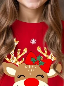 SHEIN Sudadera holgada de cuello redondo, cómoda y de punto para uso diario con estampado navideño de ciervos, árbol de Navidad y copos de nieve, apropiada para otoño/invierno, para niñas preadolescentes