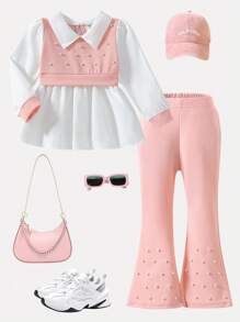 2pcs Young Girls Set: Faux Pearl Decor Long Sleeve Shirt And Flared Flare Pants, Spring/Autumn