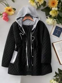 SHEIN LUNE 女士菱形图案绗缝夹克，收腰，修身，撞色黑灰色，休闲百搭，冬季服装 - 黑色 - 查看 1