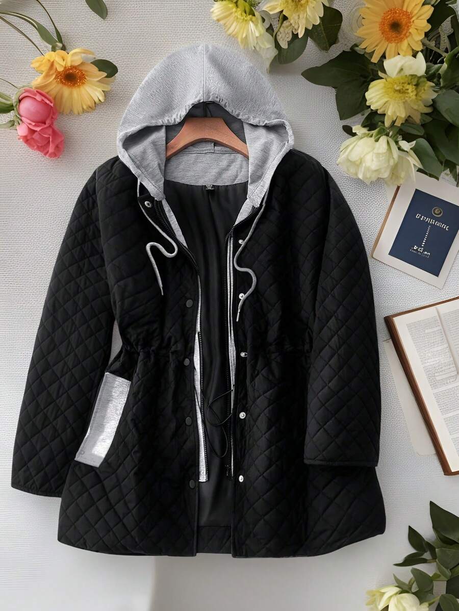 SHEIN LUNE 女士菱形图案绗缝夹克，收腰，修身，撞色黑灰色，休闲百搭，冬季服装 - 黑色 - 查看 1