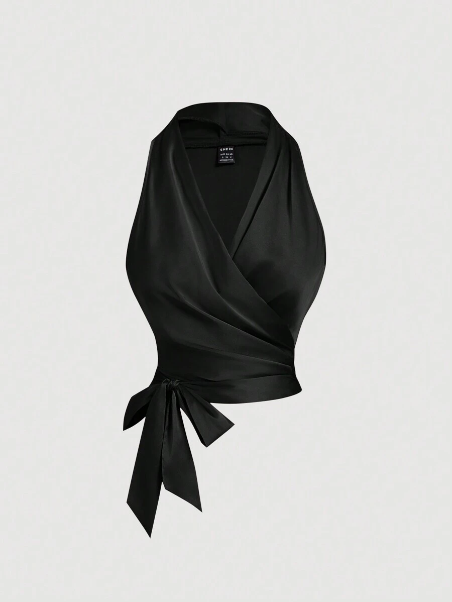 SHEIN MOD 女士复古杏色无袖结背心 - 黑色 - 查看 1