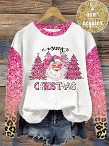 Muchica Áo nỉ mỏng cổ tròn màu trắng in họa tiết báo hồng và cây thông Noel dành cho nữ, nhẹ, kiểu Giáng sinh - Nhiều màu - Xem 1