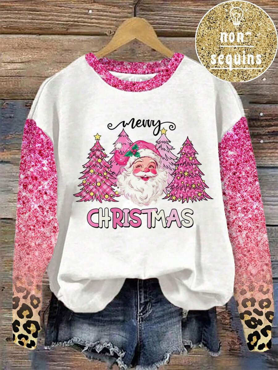 Muchica Áo nỉ mỏng cổ tròn màu trắng in họa tiết báo hồng và cây thông Noel dành cho nữ, nhẹ, kiểu Giáng sinh - Nhiều màu - Xem 1