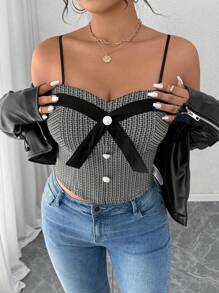 Calvaya Plus Size Patchwork Elegant Camisole Top For Outgoing & Party Graphic Tees Women Tops Bow - Multicolor - View 5