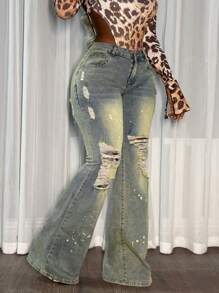 Slaydiva Women's Pocket Distressed Flare Leg Casual Versatile Jeans - Blue - View 5