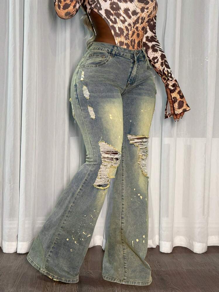 Slaydiva 女式口袋破洞喇叭腿休闲百搭牛仔裤 - 藍色 - 查看 5