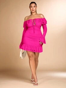 SHEIN BAE Plus Size Women's Romantic Sweet Party Date Bodycon Ruffled Ruffle Mini Ruched Dress - Hot Pink - View 4