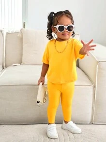 SHEIN Baby Girl Cute Yellow Short Sleeve T-Shirt And Elastic Waist Pants 2 Pieces Set, Casual Stylish Bright Yellow Outfit For Outdoor - Yellow - View 6