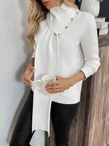 SHEIN Clasi Women's Solid Color Casual Sweater With Scarf Knit Pullover Fall Winter - White - View 6