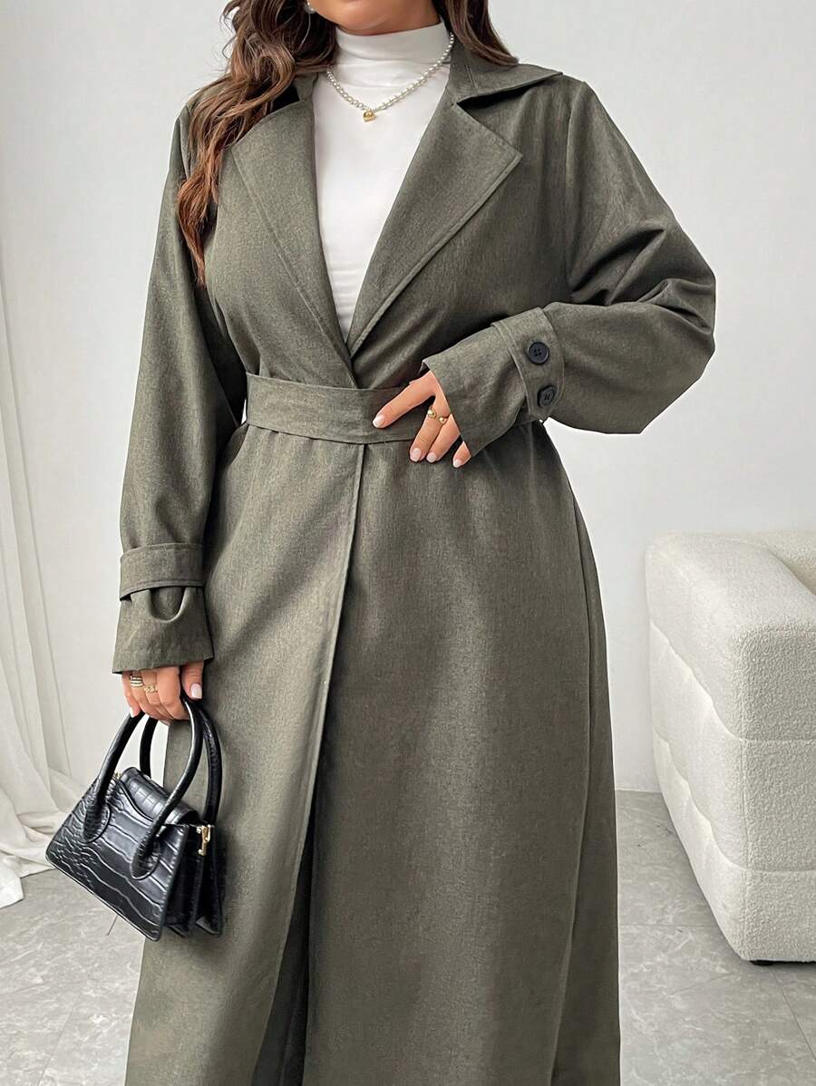 Mulvari Plus Size Solid Color Long Sleeve Basic Coat And Pants 2 Pieces Casual Set - Army Green - View 1