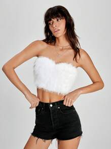 SHEIN EZwear 素色毛茸茸抹胸上衣 - 白色 - 查看 1