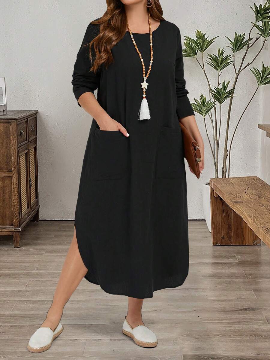 大码女式海军蓝圆领口袋宽松休闲通勤工作长裙，秋冬长款女装 - 黑色 - 查看 1