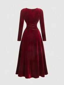 SHEIN MOD Square Collar Ruched Waist Long Sleeve Velvet Burgundy Dress - Burgundy - View 2
