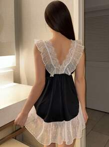 DAZY Bow Decor Contrast Polka Dot Mesh Splice Sexy Nightgown - Black - View 2