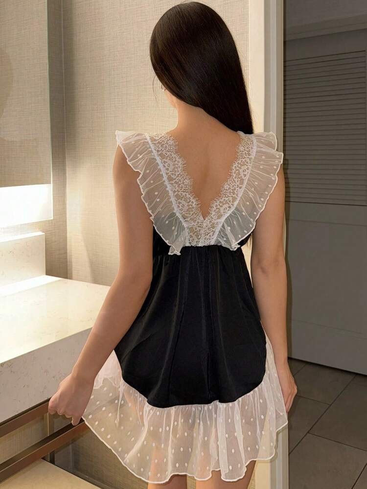 Bow Decor Contrast Polka Dot Mesh Splice Sexy Nightgown Lingerie For Women
