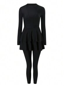 Swim Mulvari 2pcs Women Ruffle Hem Long Sleeve Long Pants Burkini Set Summer Arabic Clothing - Black - View 7