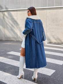 SHEIN ICON Plus Size Casual Color Block Fuzzy Patchwork Long Denim Jacket For Autumn/Winter
