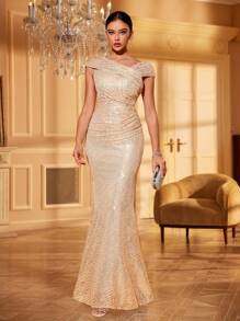 Elisanya UNITHORSE 不对称领口亮片装饰褶皱修身派对礼服优雅正式晚间婚礼宾客礼服，适合毕业典礼、晚宴 - 香檳色 - 查看 4