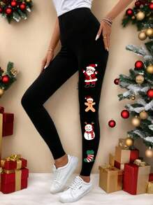 SHEIN LUNE Casual Minimalist High Waist 7/8 Length Plus Size Christmas Leggings, Black
