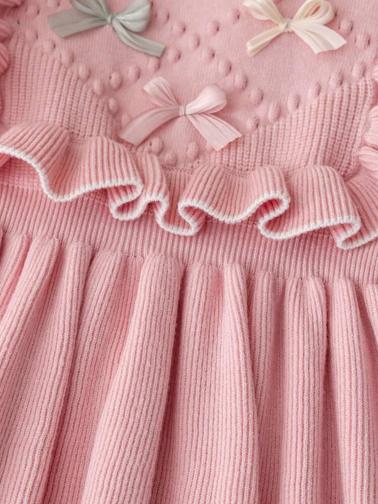 Souflis Souflis Young Girl's Pink Bow Sweater Dress, Ruffled Round Neck Long Sleeve Knitted Dress - Pink - View 8