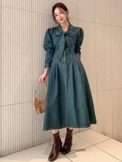 DAZY 女式长袖褶皱简约休闲系带牛仔连衣裙
