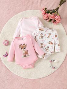 SHEIN Vintaside Kids 3pcs/Set Baby Girls Spring/Autumn Cute Deer Graphic Allover Print Long Sleeve Rompers, Combination Of Pink Round Neck, Striped, Full Body Print, Suitable For Home & Outdoor